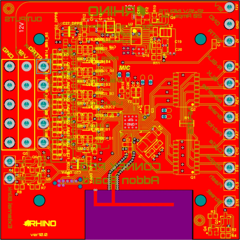 The circuit board layout for the Rhino Connex Pro add-on board, showing copper pours and every labelled net