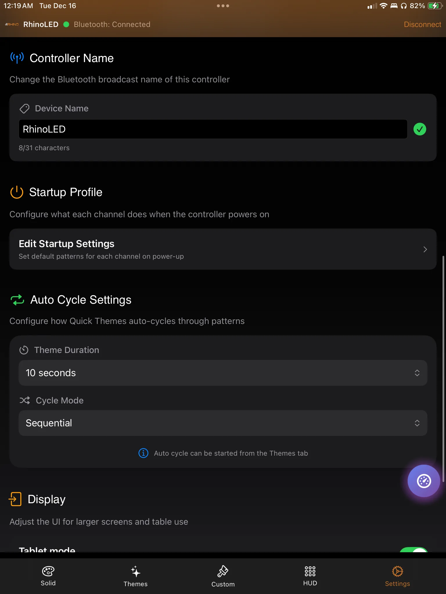 Settings screen in the RhinoLED app