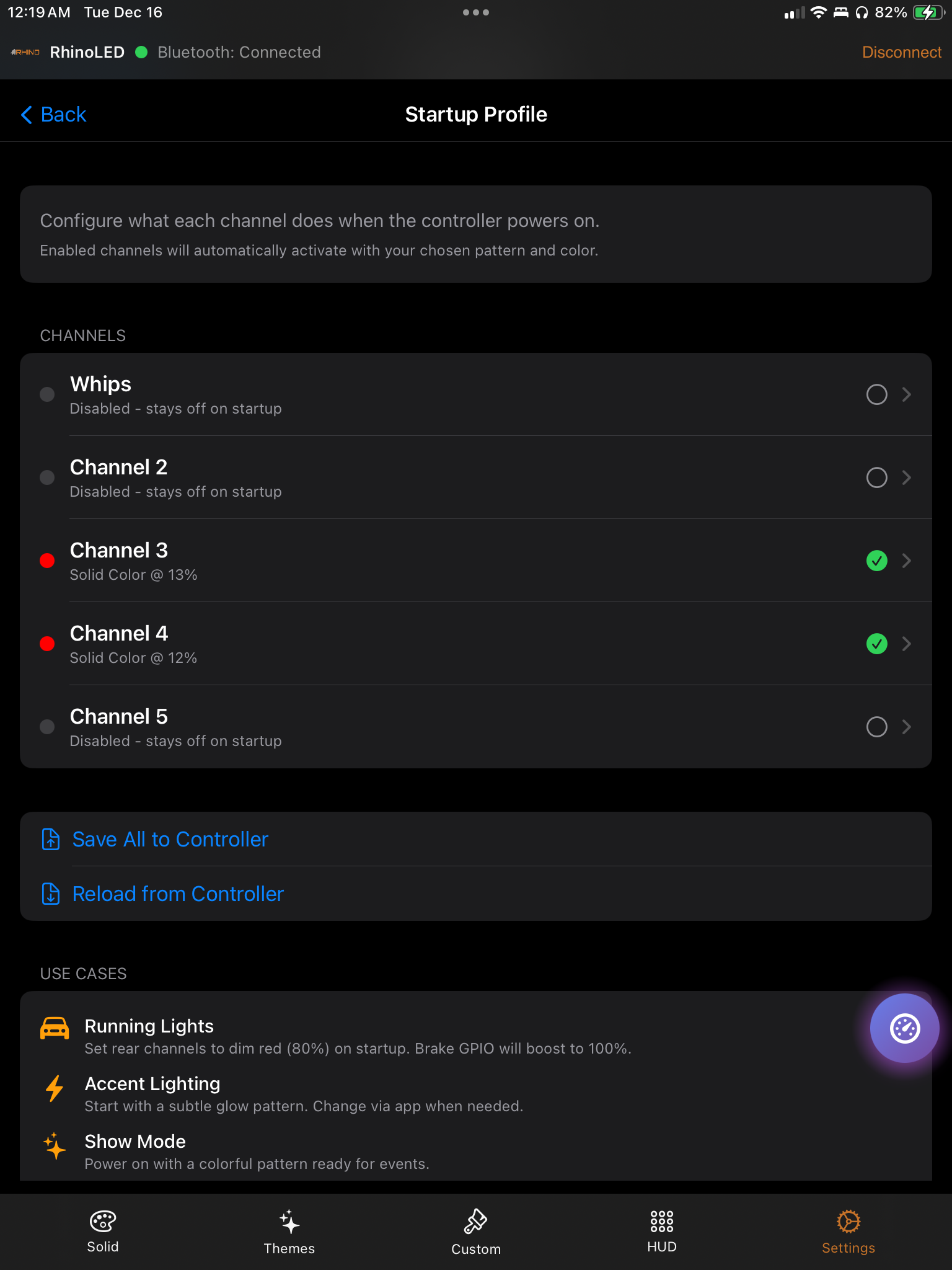 RhinoLink Startup Profile Settings