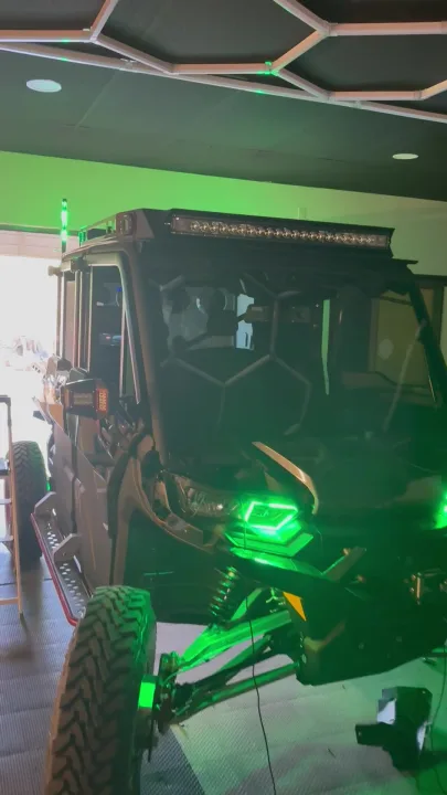 Canam Defender with syncing Rock lights, Whips and Halos